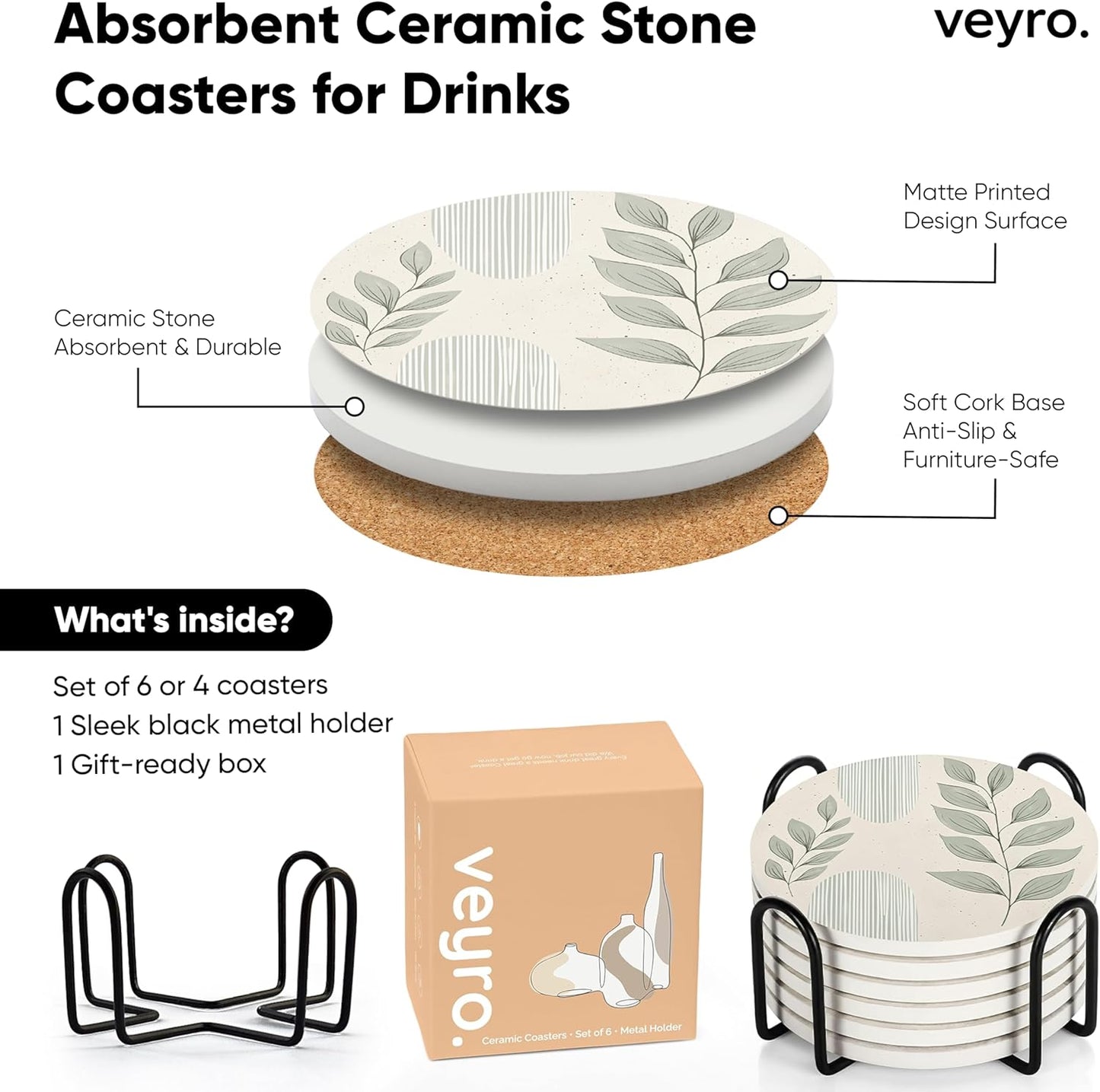 VEYRO Ceramic Coasters Set of 6 – Absorbent Stone Drink Coasters with Holder, Non-Slip Cork Backing, Modern Marble Look Coasters for Coffee Table, Desk & Home Decor