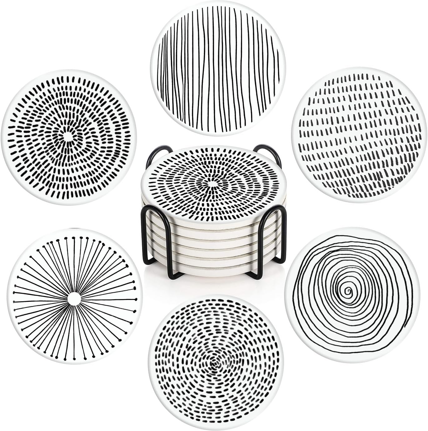 Coaster for Drinks Set of 6, Black White Geometry Absorbent Round Ceramic Stone Mat, with Cork Base and Metal Holder, Gift for Housewarming Room Bar Decor