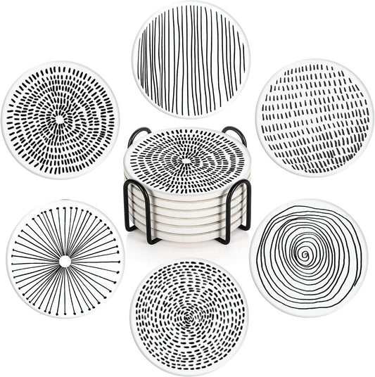 Coaster for Drinks Set of 6, Black White Geometry Absorbent Round Ceramic Stone Mat, with Cork Base and Metal Holder, Gift for Housewarming Room Bar Decor