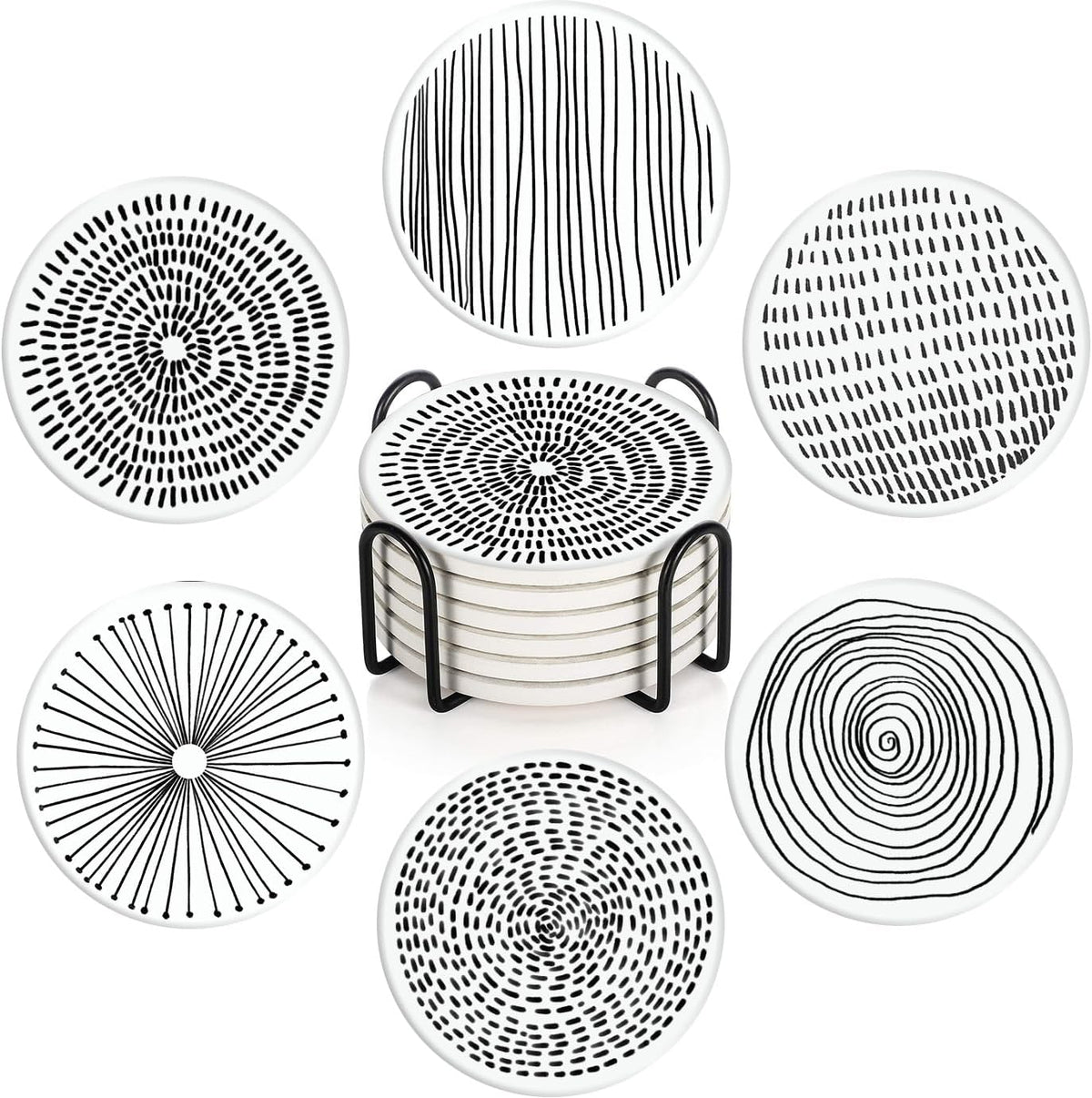 Coasters for Drinks, Set of 6, Ceramic Stone Moroccan Spanish - Doodle Circles