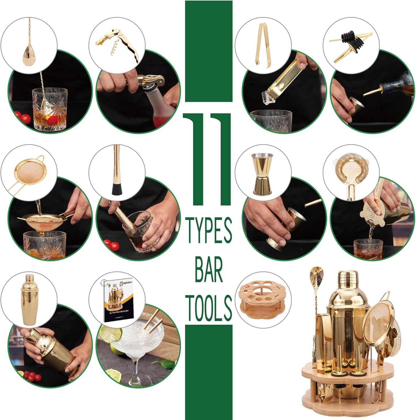 Cocktail Shaker Set Bartender Kit with Rotatble Bamboo Stand,11 Piece Bar Set Stainless Steel Bar Accessories for Drink Mixing, Bar, Home, Party (Gold)