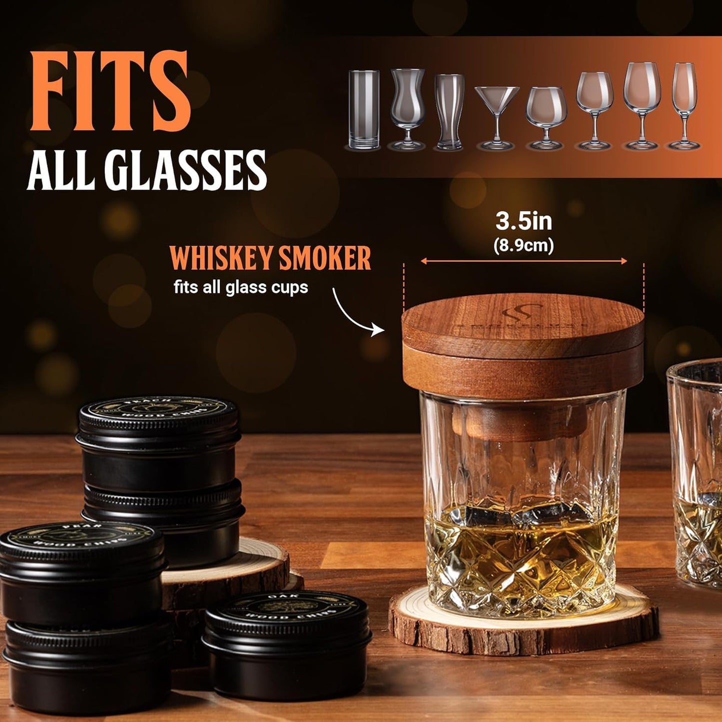 Whiskey Smoker Kit with 8 Wood Chip Flavors - Premium Bourbon Smoker Kit Set with Glasses, Stainless Steel Ice Cubes, Refillable Torch Lighter & Custom Wood Box - Birthday Gifts for Men