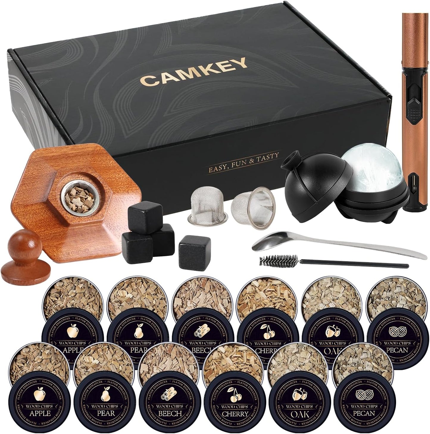 23Pcs Whiskey Cocktail Smoker Kit with Torch, 6 Flavors 12 Packs Wood Chips, Ice Ball Mold, Old Fashioned Drink Smoker, Bourbon Whiskey Gifts for Men, Husband, Dad, Him (No Butane)