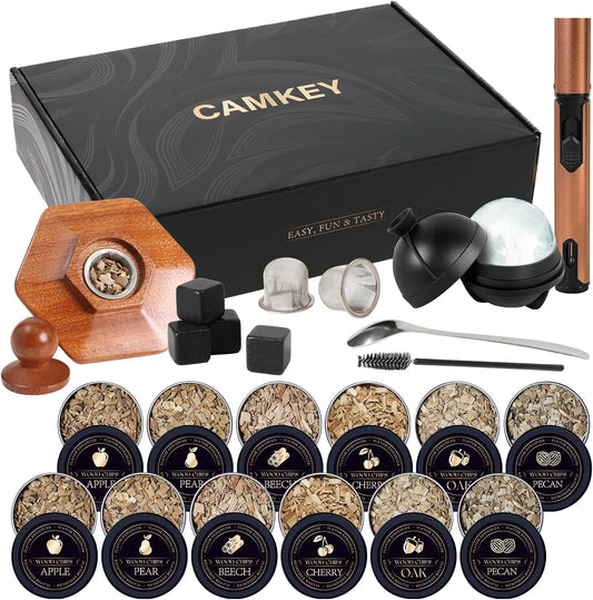 23Pcs Whiskey Cocktail Smoker Kit with Torch, 6 Flavors 12 Packs Wood Chips, Ice Ball Mold, Old Fashioned Drink Smoker, Bourbon Whiskey Gifts for Men, Husband, Dad, Him (No Butane)