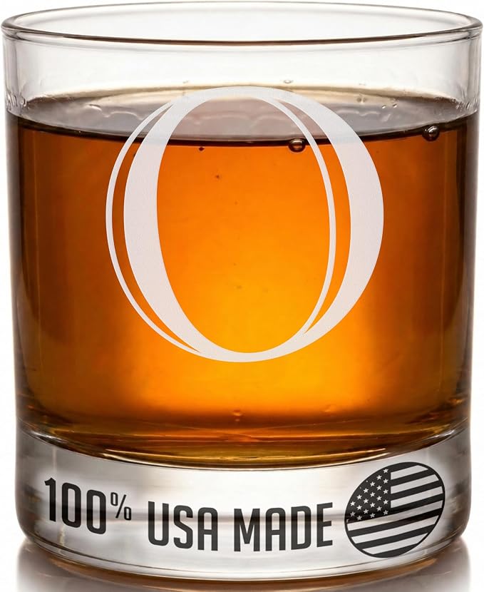 Etched Monogram 11oz Whiskey Rocks Glass (Letter J), A-Z Customized Bourbon Gifts for Men, Father’s Day, Personalized Old Fashioned Scotch Glass, Custom Engraved Gifts for Him, Initial, Name - Clear Etch O