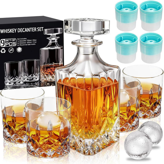 Whiskey Decanter Set for Men, 4*Crystal Whiskey Glasses(Get 4 Silicone Ice Mold Free), Lead-Free Decanter Set for Whiskey, Bourbon, Scotch, Anniversary Christmas Gifts for Dad, Husband, Whiskey Lovers