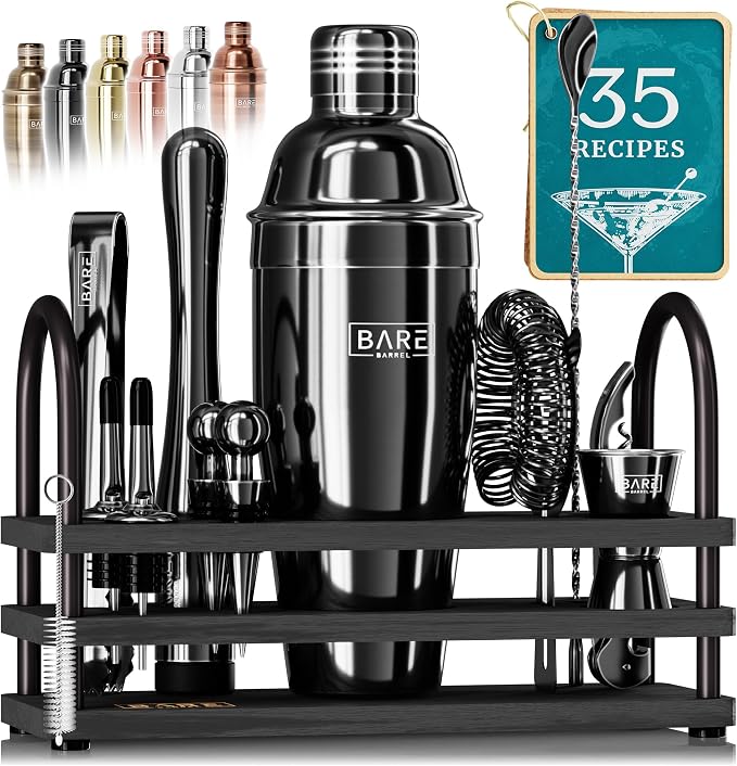 BARE BARREL® Mixology Bartender Kit Bar Set | 14-Piece Cocktail Shaker Set | Martini Barware Mixing Tools for Home Bartending | 35 Recipe Cards | Gift Set (24oz Cobbler Shaker, Gold/Black) - Jet Black/Black