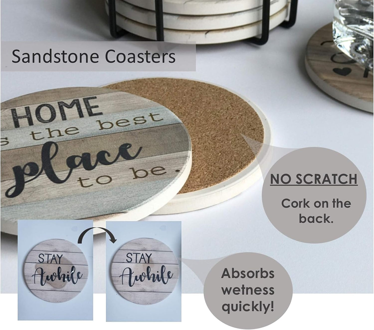 PANCHH Rustic Farmhouse Stone & Cork Coasters for Drinks, Absorbent - Set of 6 Coasters with Holder - Best Housewarming Gifts for New Home Ideas - Cute Kitchen and Coffee Table Décor & Accessories