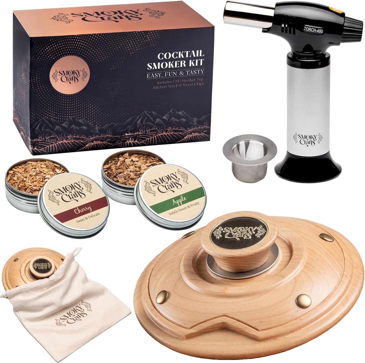 Smoky Crafts Cocktail Smoker Kit with Torch - Whiskey Smoker Kit comes with UFO-Shaped Smoke Infuser, Culinary Torch, Cotton Bag and Wood Chips (Apple & Cherry) - Gifts for Men (Without Butane)