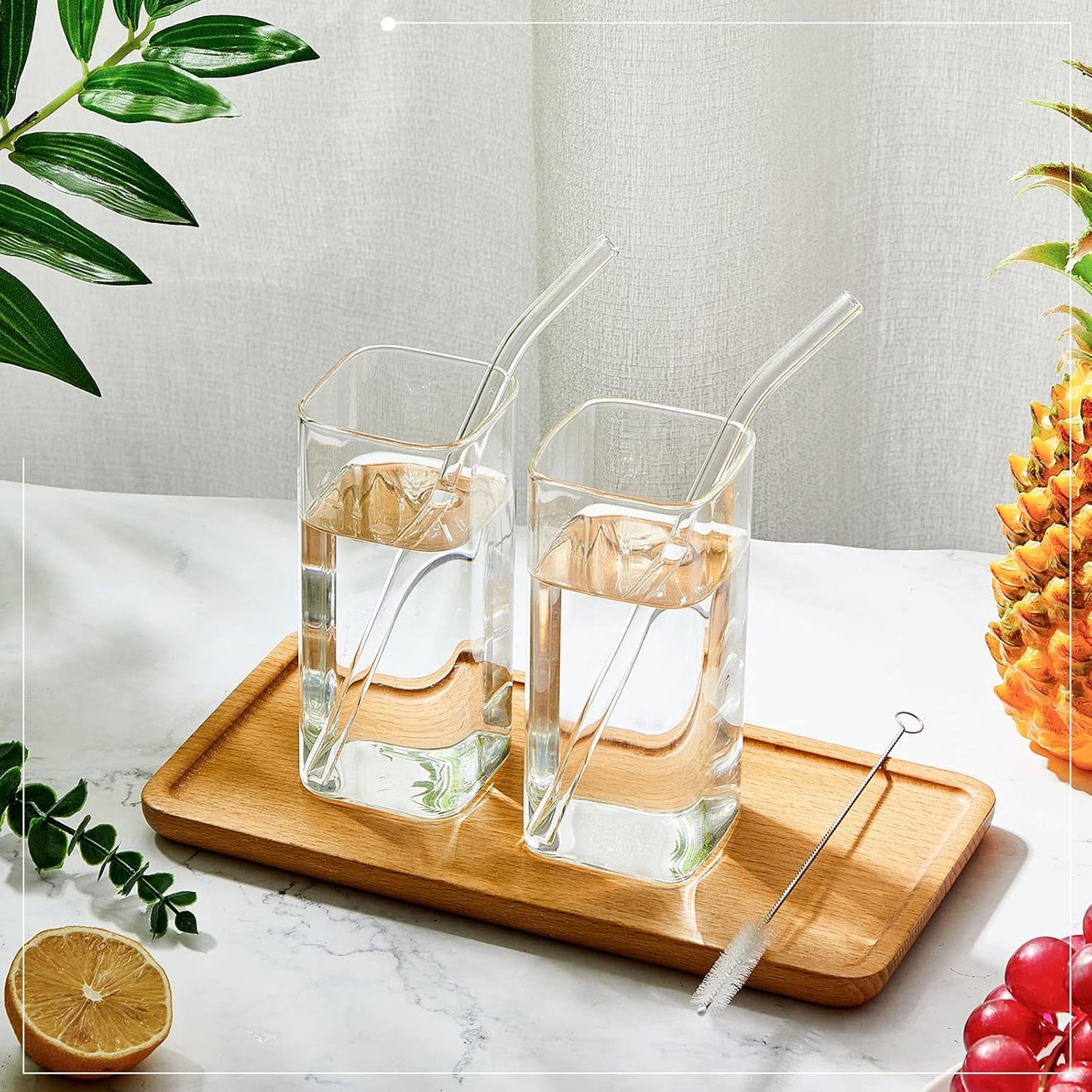Sumind Set of 6 Square Drinking Glasses, Square Glass Cup 13 oz, Modern Highball Glassware Set, Thin Cocktail Glasses with Straws and Straw Brushes for Cocktail Coffee Water Juice Beer Drink Tumbler