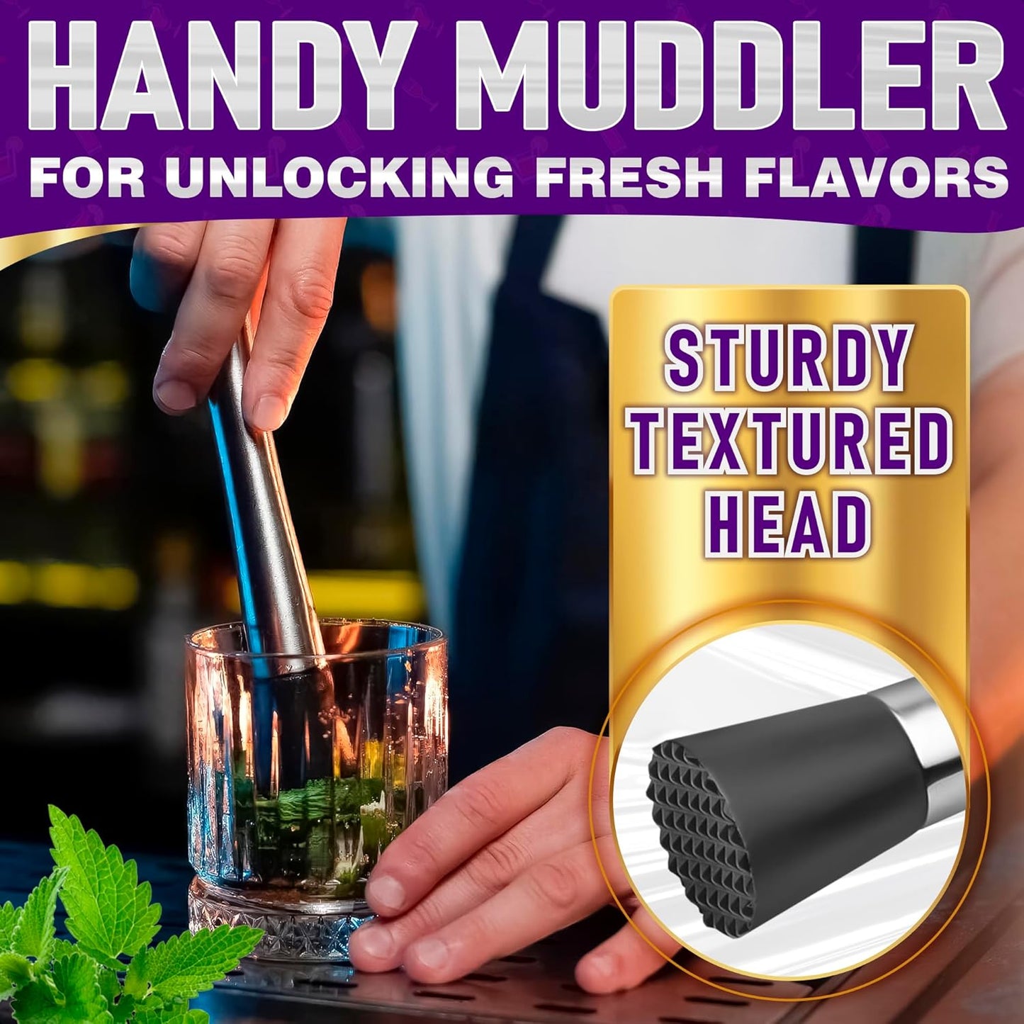 3 Pcs Muddler for Cocktails Set - Bar Muddler Tool with Sturdy Head, Versatile Cocktail Spoon & Jigger, Easy to Use & Clean, Stylish Rust-Resistant Stirring Tool - Bar Tools for Drinks Mixing