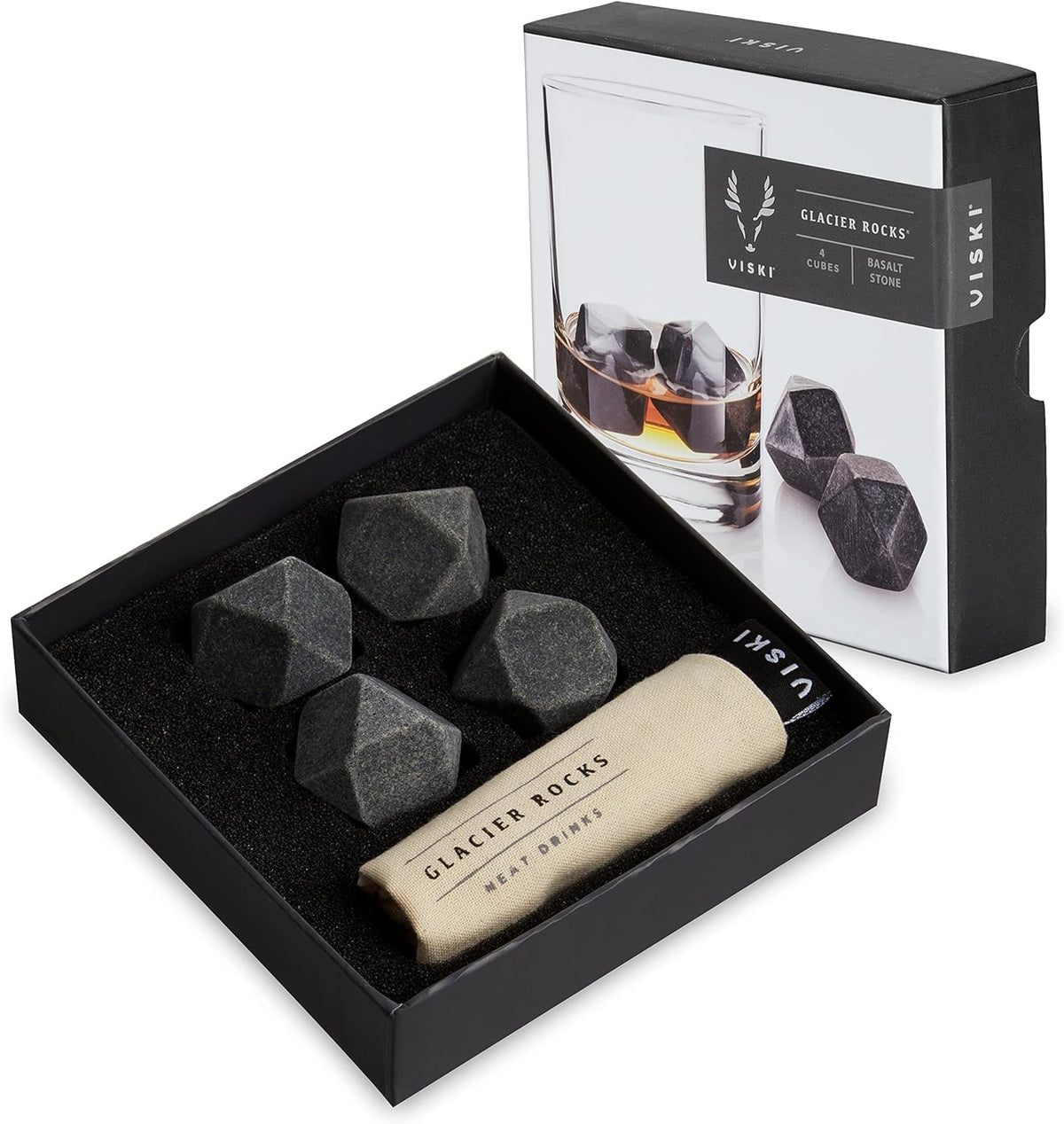 Viski 4358 Glacier Rocks Stainless Steel Ice Cubes Reusable Ice Cubes for Drinks, Whiskey, Bourbon, Scotch, Metal Ice Cubes, Cocktail Accessories Set of 4 Silver - Viski
