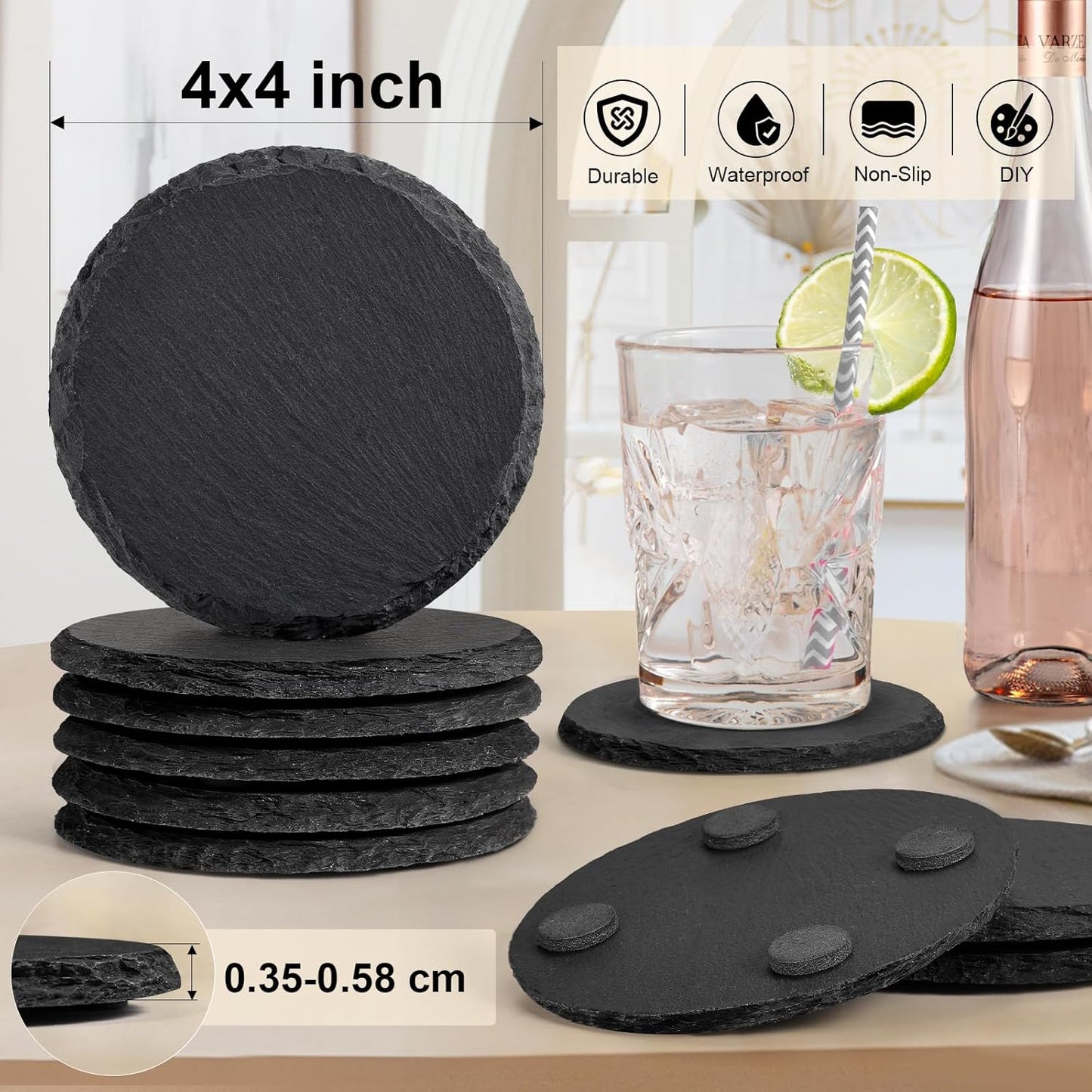 4 Inch Black Slate Stone Drink Coasters Set of 12 with Anti-Scratch Backing for Bar, Kitchen Home Living Decor, Laser Engraving,Cup, Etching, Gifts, Round