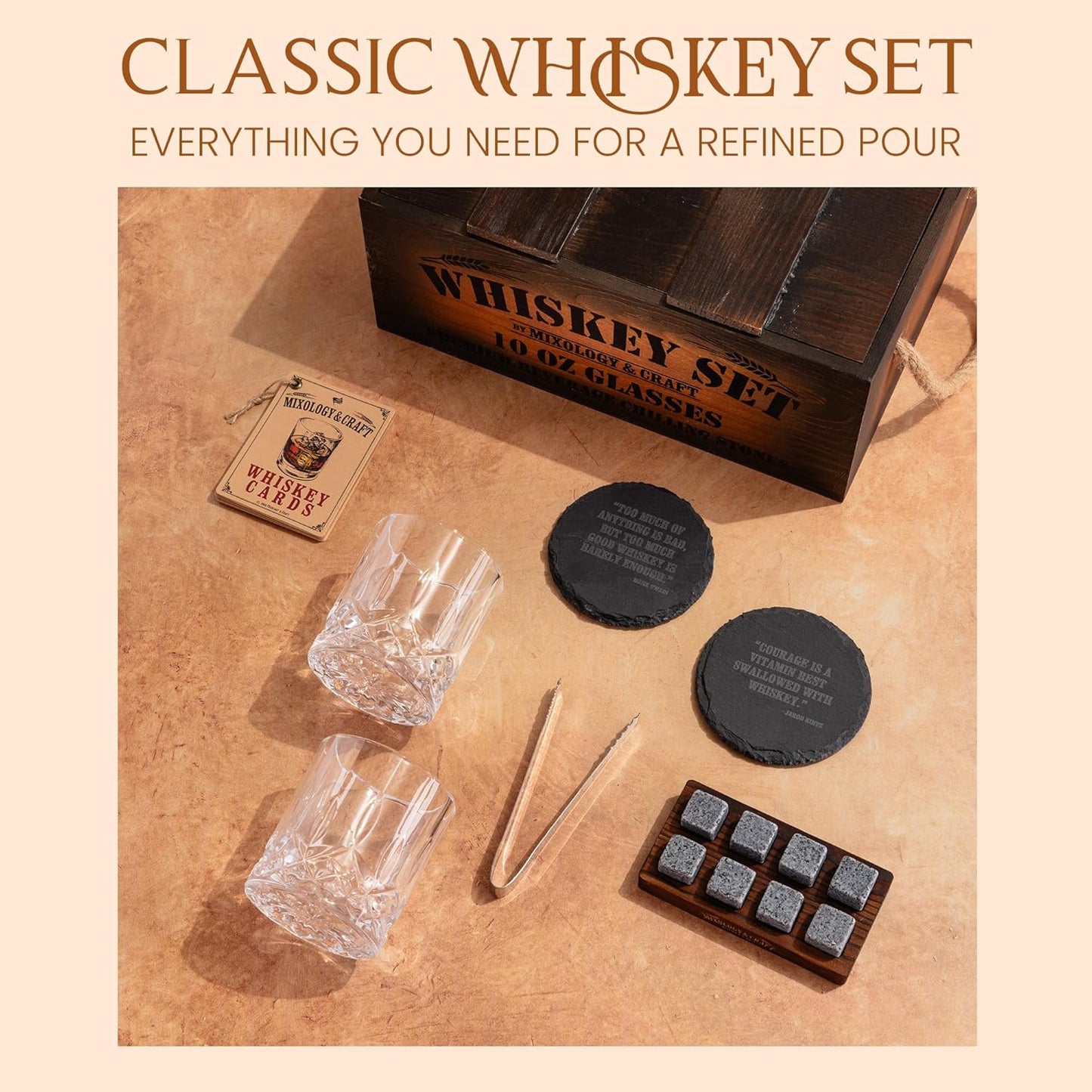 Mixology & Craft Whiskey Gift Set, Whiskey Glass Set with Rustic Wooden Crate, 8 Granite Whiskey Rocks Chilling Stones, 10oz Glasses, Raffle Gift for Men, Dad, Husband, Boyfriend - Jameson Dark Brown