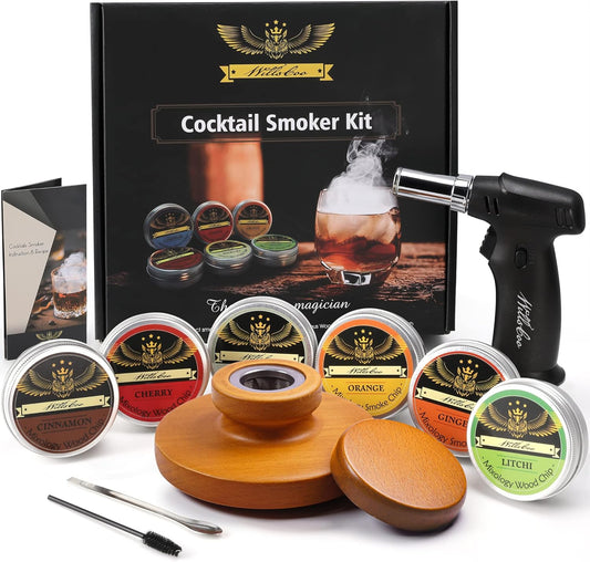 Willscoo Cocktail Smoker Kit - Handmade Old Fashioned Wood Smoker with Torch, 6 Flavors Wood Chips for Whiskey & Alcohol Gift Set, Gift for Men