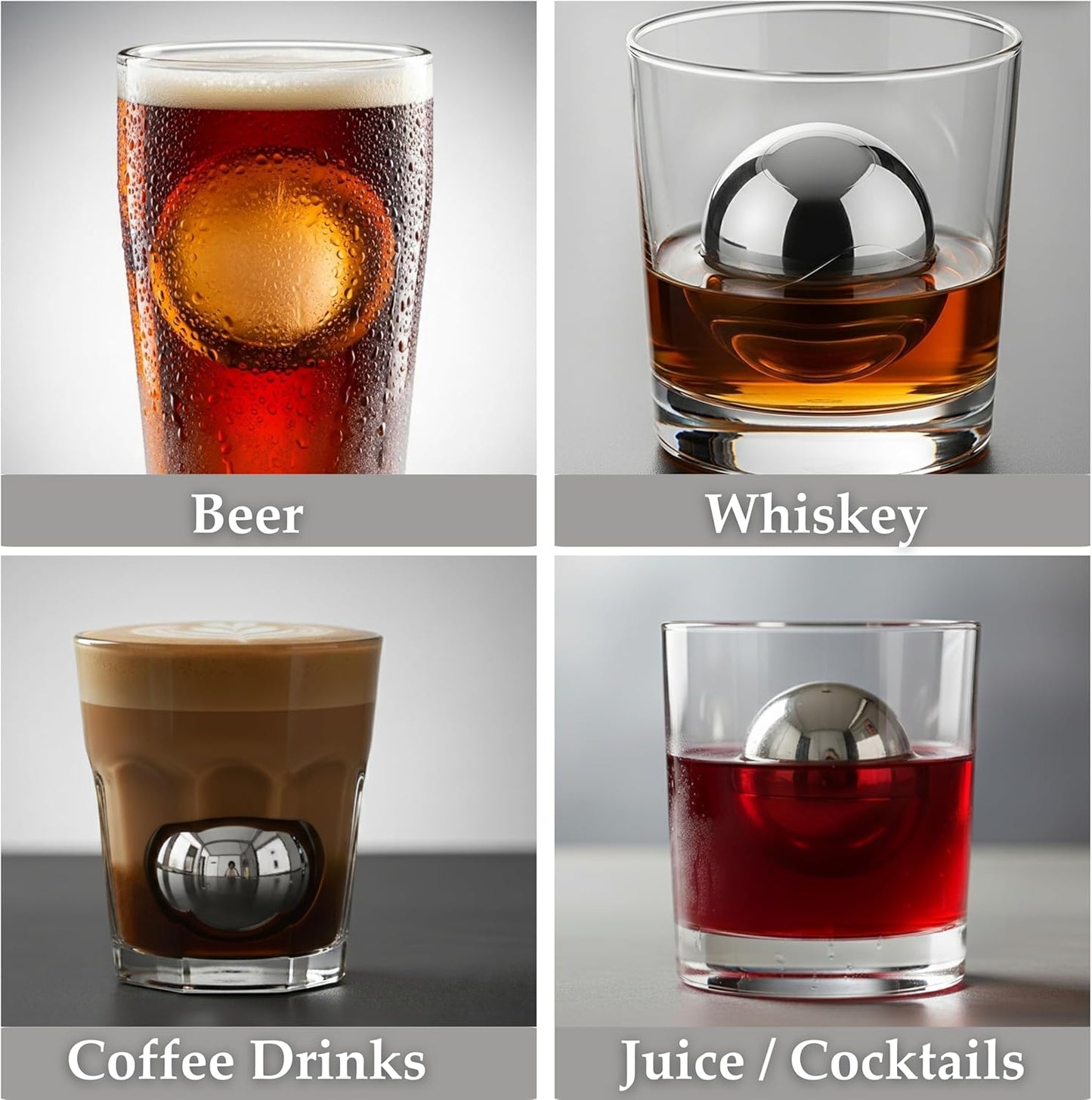 4 Premium XXL 55mm Stainless Steel Ice Whiskey Balls with Freezer Tray| Whiskey Rocks, Chilling Stones, Whiskey Stone Ice Cube Balls, Round Chilling Spheres (Not Solid Steel)