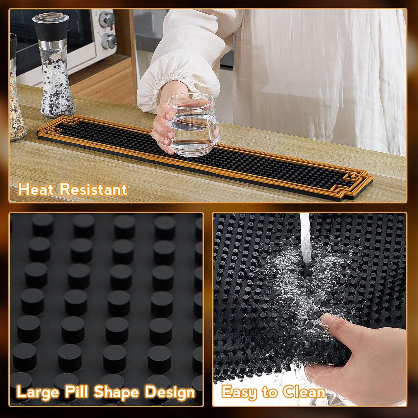 Drydiet 2 Pcs 24 x 4 Inch Bar Mat Non Slip Rubber Mat with Gold Border Durable Stylish Spill Cocktail Service Coffee Mats for Restaurants Barbershop Clippers Bartending, Black