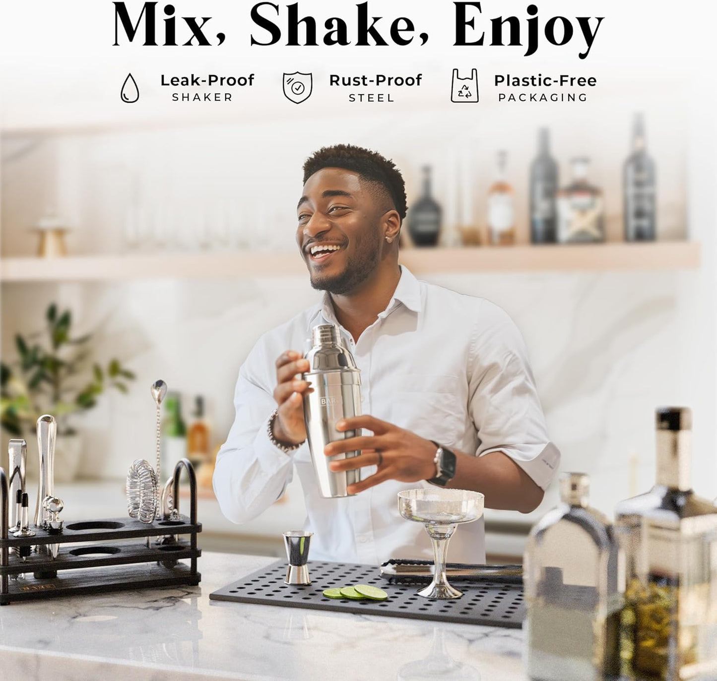 BARE BARREL® Mixology Bartender Kit Bar Set | 14-Piece Cocktail Shaker Set | Martini Barware Mixing Tools for Home Bartending | 35 Recipe Cards | Gift Set (24oz Cobbler Shaker, Silver/Black)