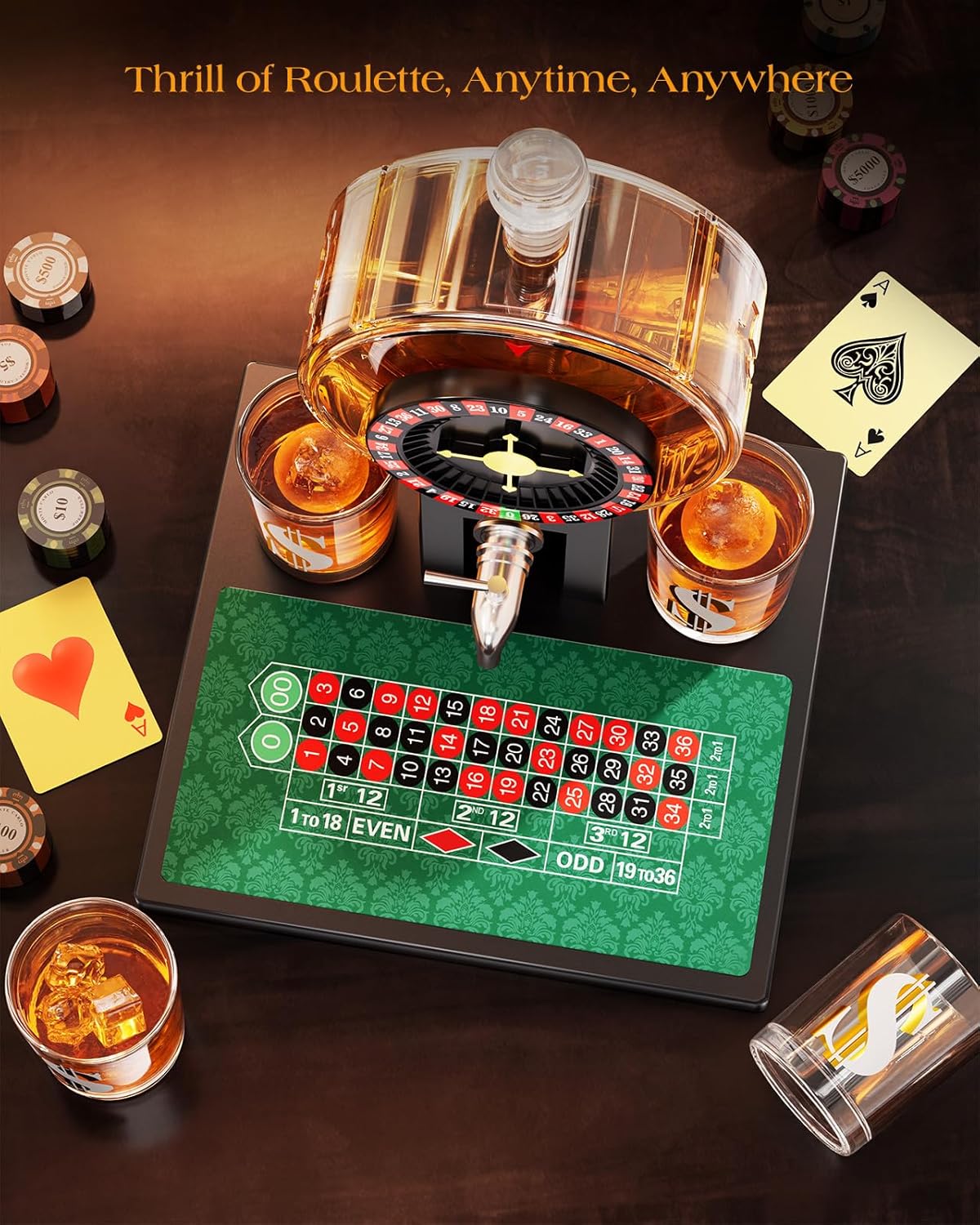 Kollea Roulette Whiskey Decanter Set, 60.9 Oz Casino-Style Slot Decanter with 4 Dollar Glasses, New Year Birthday Gifts for Men Dad, Him, Liquor Dispenser for Anniversary, Bar, Poker Night, Men Cave