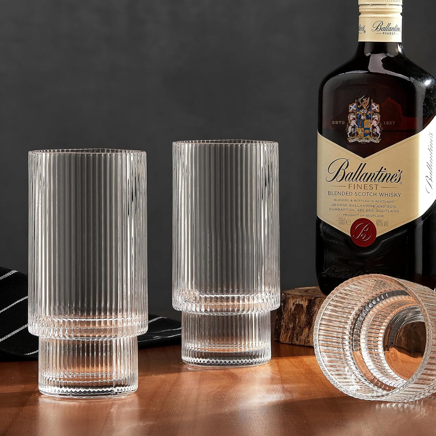 Qipecedm 6 Pack Ribbed Drinking Glasses, 16 oz Vintage Glass Cups, Highball Glasses, Premium Iced Coffee Glasses, Clear Glass Tumbler, Cocktail Glasses, Elegant Glassware for Water Juice Whiskey Beer
