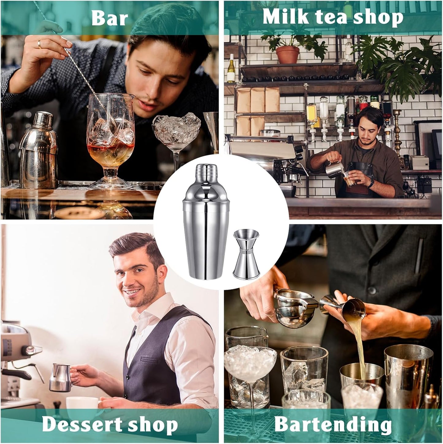 Umigy Cocktail Shaker Set Martini Shaker Bulk Stainless Steel Martini Mixer with Strainer and Double Measuring Jigger for Bar Party Home Use Wine Bar(18 Oz/ 550 ml,4 Packs)
