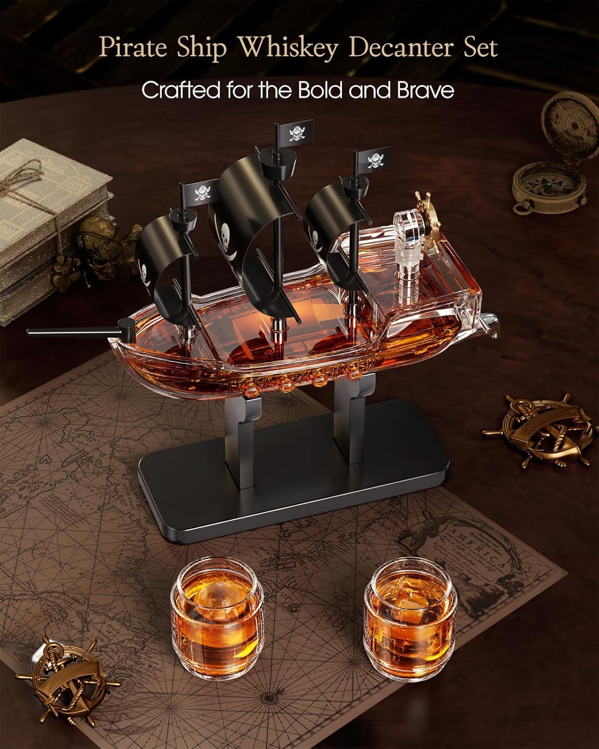 Kollea Birthday Gifts for Men Dad, Pirate Ship Whiskey Decanter Set with 2 Glasses, Liquor Dispenser for Home Bar, Funny Gift Ideas for Him, Husband, Father, Boyfriend, Christmas, Sailor & Captain
