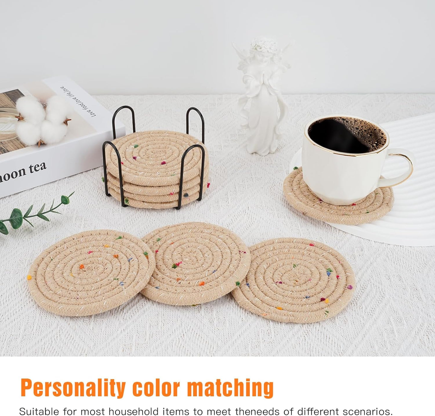 8pcs Handmade Cotton Woven Coasters Set with Holder, Super Absorbent Coasters for Coffee Table Protection, Home Decor