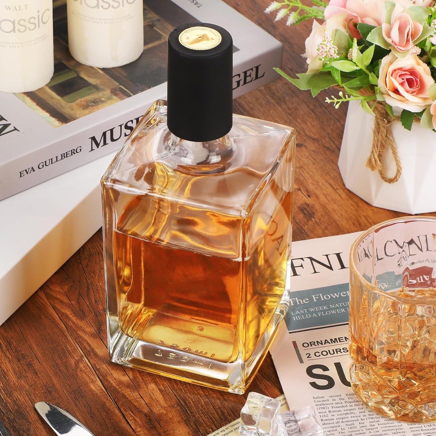 2Pack 25 oz Glass Bottles with Lid 750 ml Clear Empty Bottles with Cork Square Glass Bottle with Cap for Liquor Vodka Brandy Whiskey Beer Water Soda