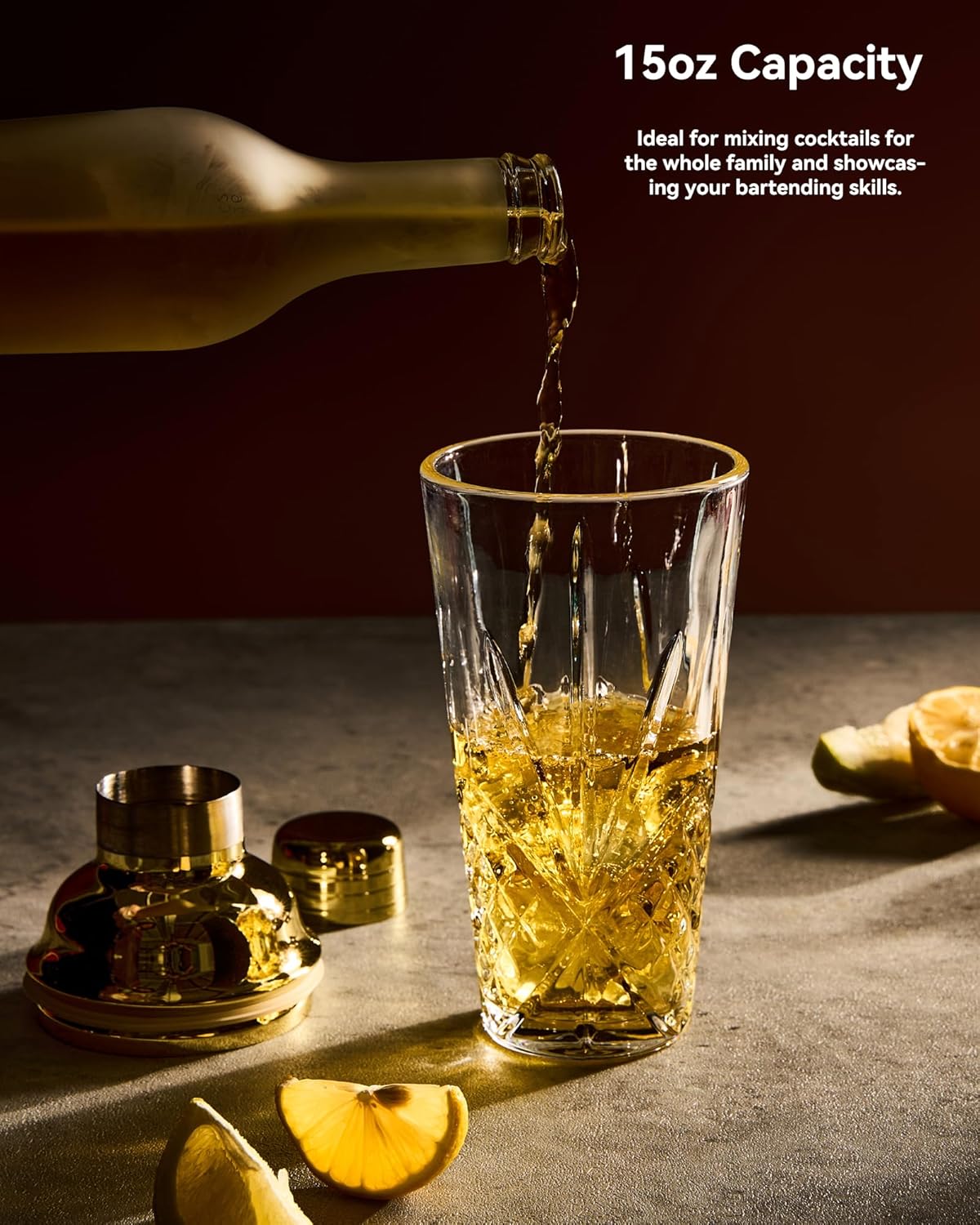 15oz Gold Lid Crystal Cocktail Shaker, Lead-Free Glass with #304 Steel Strainer, Leak-Proof Barware for Home Bartenders