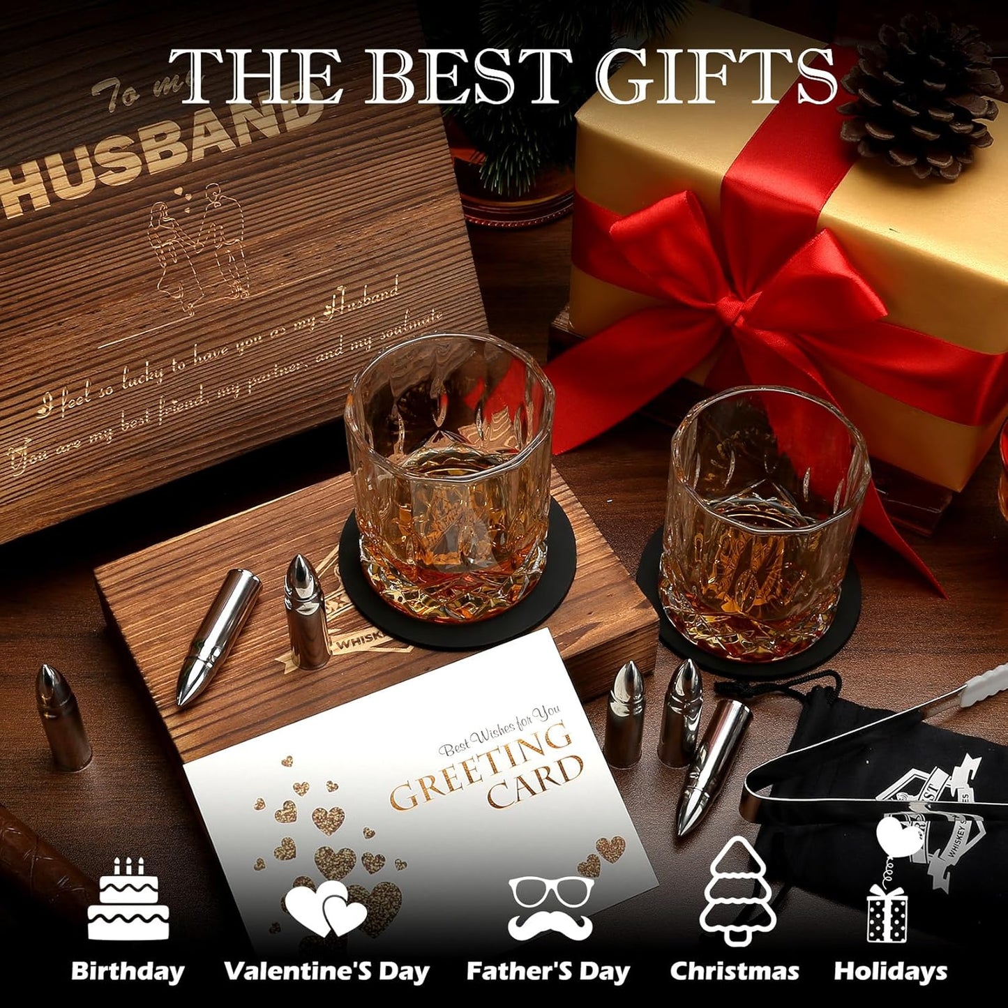 Whiskey Gifts for Men Husband - Anniversary Wedding Gifts for Him Men Birthday Gift Ideas from Wife - Stainless Steel Whiskey Stones and Whiskey Glasses Set - Bourbon Gifts for Husband Boyfriend