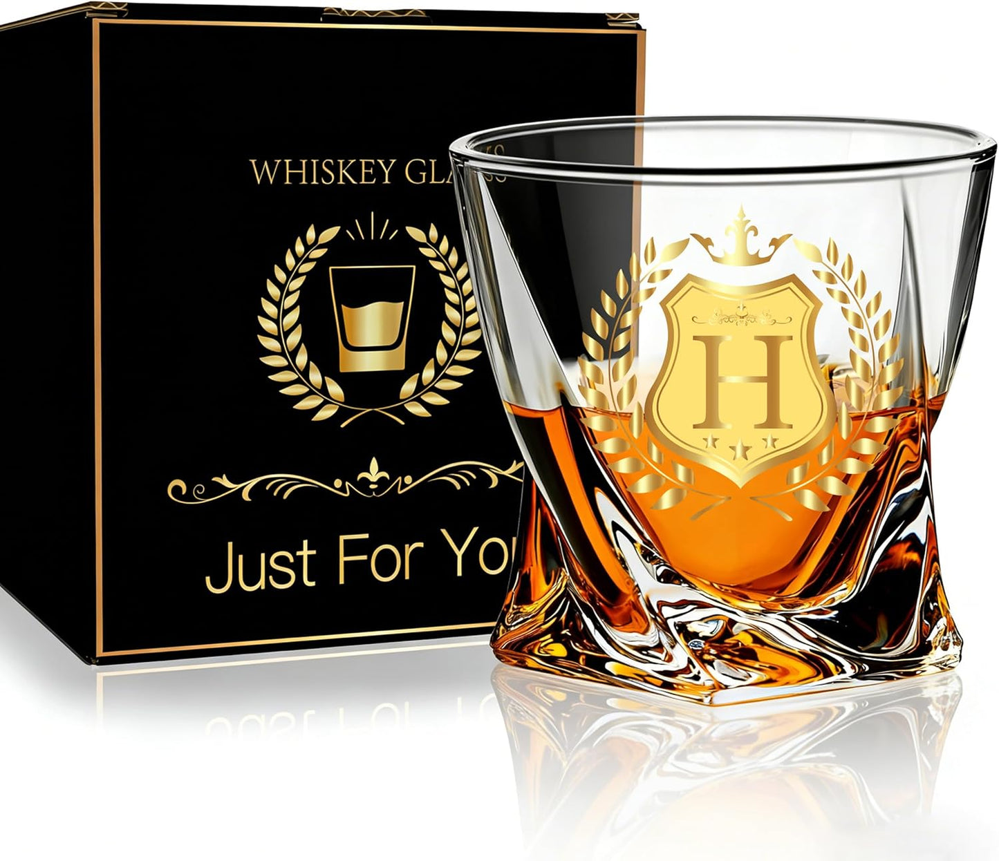 Monogrammed Whiskey Glass Gift Initial Letter H Gift for Man Woman Personalized A-Z Wine Glasses Gifts Package with Whisky Glass and Greeting Card for Men or Women