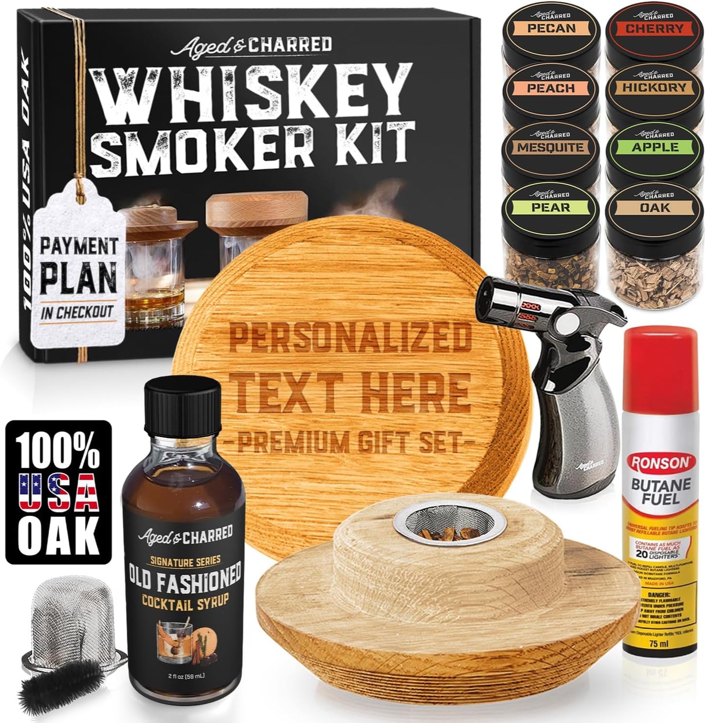 Personalised Whiskey Smoker Kit with Torch & Butane with Oak Wood Chips - Custom Engraved Smoke Lid for Bourbon & Old Fashioned Cocktails - Unique Whiskey Gifts for Men - Fits Various Glasses