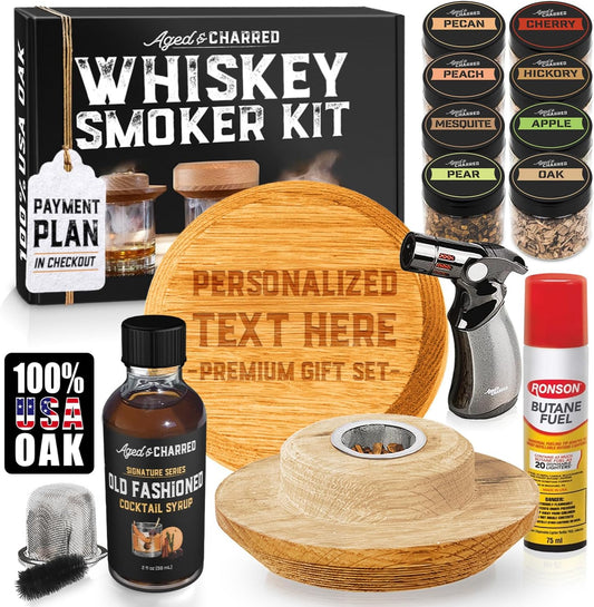 Personalised Whiskey Smoker Kit with Torch & Butane with Oak Wood Chips - Custom Engraved Smoke Lid for Bourbon & Old Fashioned Cocktails - Unique Whiskey Gifts for Men - Fits Various Glasses