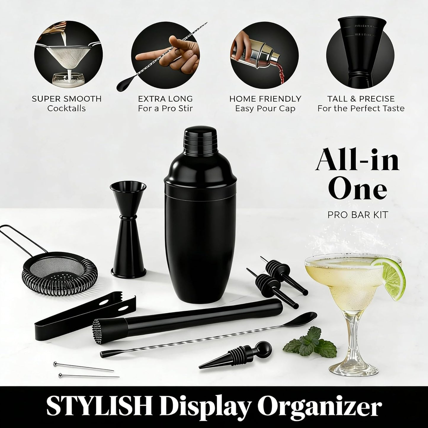 Homestia Black Cocktail Shaker Set, 11-Piece Stainless Steel Bartender Kit with Weighted Shaker, Strainer, Jigger, Muddlers - Professional Mixology Bar Tools