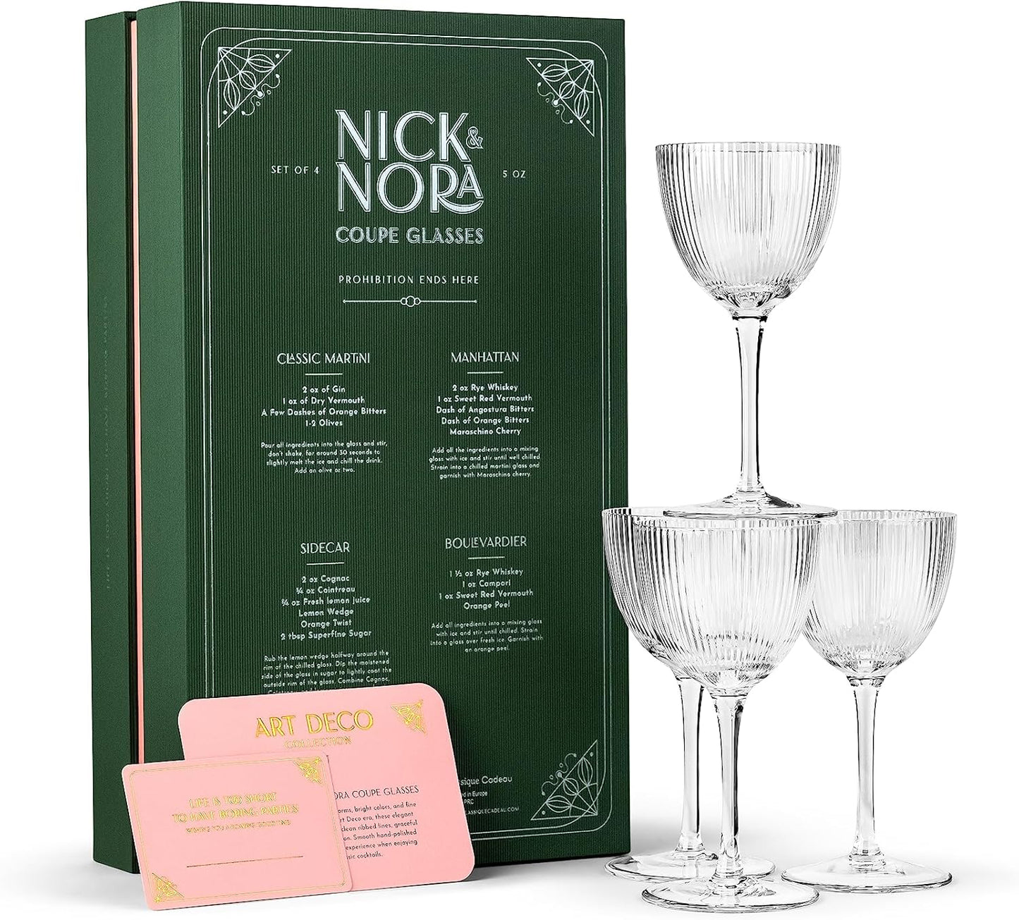 Vintage Art Deco Nick and Nora Coupe Glasses | Set of 4 | 5 oz Crystal Ribbed Cocktail Glassware for Drinking Classic Gin, Whiskey, Vodka Bar Drinks | Retro Long Stemmed Barware Goblets