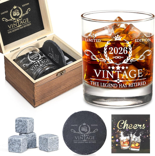 Retirement Gifts for Men Whiskey Glass Set - The Legend Has Retired 2026 - Retirement Party Decorations, Supplies - Gifts Ideas for Him, Dad, Husband, Friends - Wood Box & Whiskey Stones & Coaster