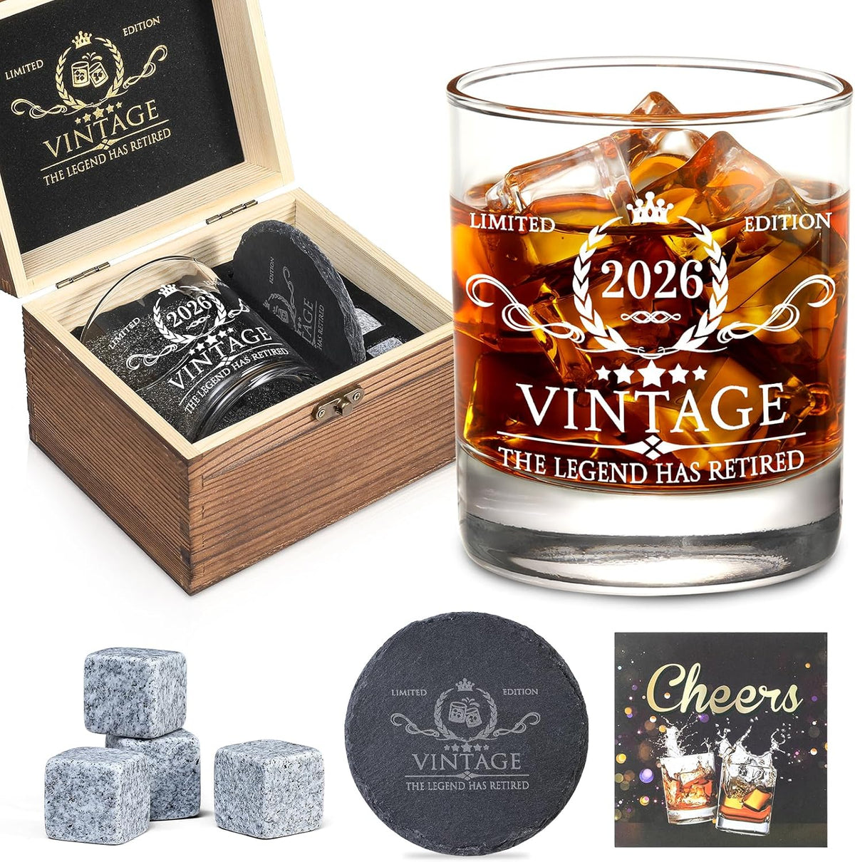 60th Birthday Gifts for Men Whiskey Glass Set - 60th Birthday Decorations, Party Supplies - 60 Year Anniversary, Bday Gifts Ideas for Him, Dad, Husband, Friends - Wood Box & Whiskey Stones & Coaster - Retirement