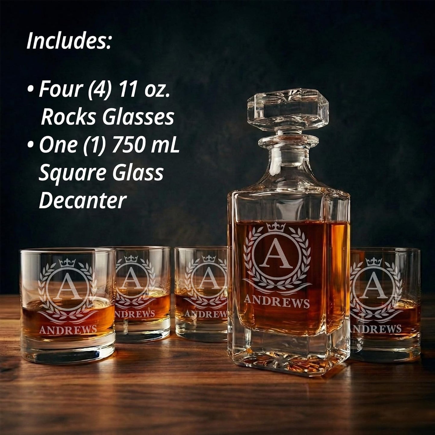 Personalized Whiskey Decanter Set with Glasses for Men - Custom Bourbon Decanter Sets 4 Designs - Laser Engraved Customized Whiskey Glasses - Personalized Whisky Bottle Groomsmen Gift