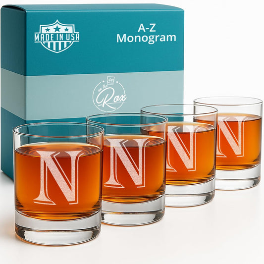 Monogrammed Gifts for Men - 4PC 11 Oz Custom Whiskey Glasses (N-Monogram) - Engraved Whiskey Glasses - Personalized Whiskey Glasses - Unique Bourbon Glasses - Personalized Glass Gifts for Dad