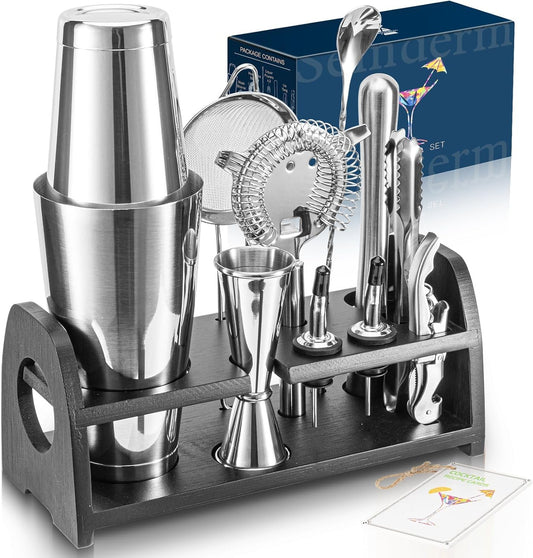Semderm Boston Shaker Set, Weighted Cocktail Shaker & Mixology Bartender Kit - Heavy Duty 18/8 Stainless Steel Tins with Black Bamboo Stand - Includes Fine Mesh Strainer & Jigger