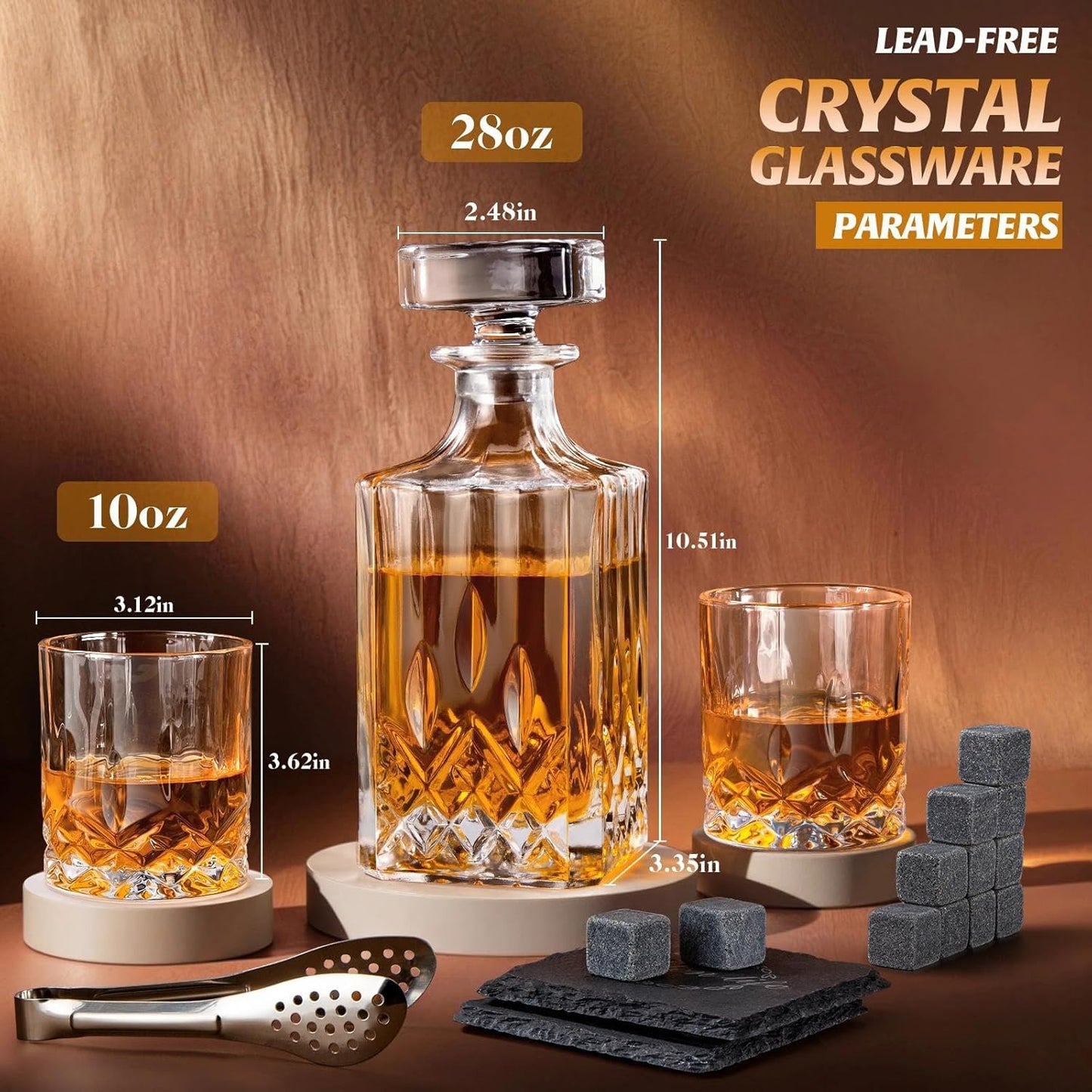 LIGHTEN LIFE Whiskey Decanter Set with Bar Accessories,Crystal Whiskey Decanter and Glass Set in Gift Box,Non-Lead Bourbon Decanter Set for Rum Scotch,Wedding Anniversary Birthday Gift for Men Him Dad