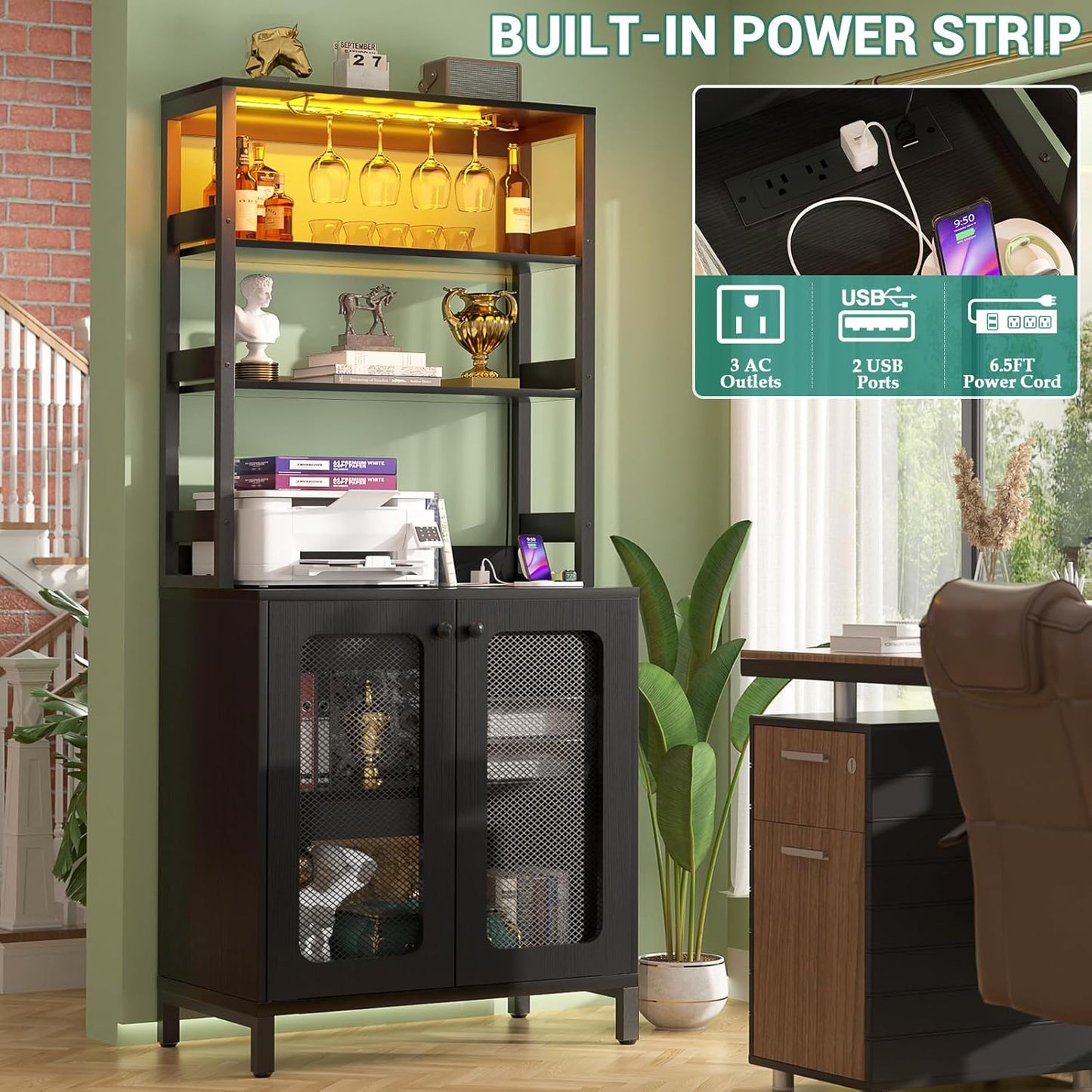 Aheaplus Bar Cabinet with Power Outlets, 67" Tall Wine Bar Cabinet Liquor Cabinets with LED Lights and Glass Holder, Coffee Bars Station for Living Room, Microwave Stand Bakers Rack Cabinets, Black
