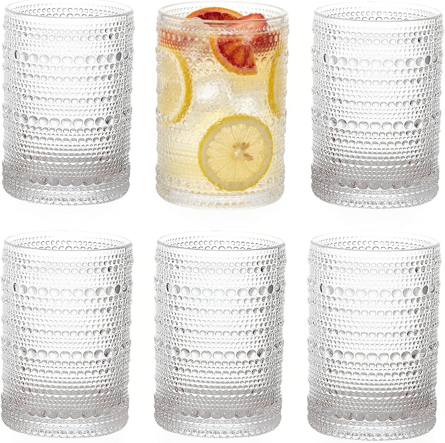 ZOOFOX Set of 6 Vintage Drinking Glasses, 13 oz Clear Hobnail Glasses Tumbler, Embossed Design Glassware for Beverages, Water, Juice, Beer, Cocktail, Whiskey and Milk