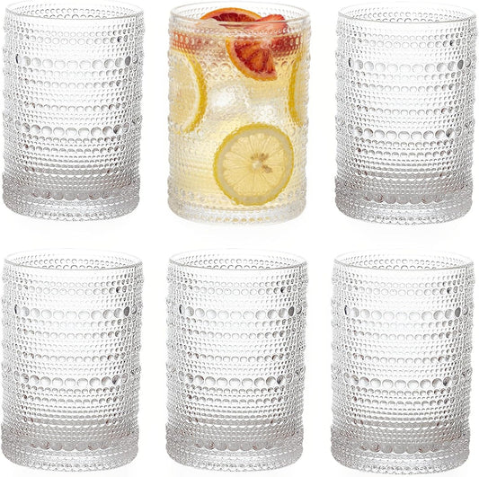 ZOOFOX Set of 6 Vintage Drinking Glasses, 13 oz Clear Hobnail Glasses Tumbler, Embossed Design Glassware for Beverages, Water, Juice, Beer, Cocktail, Whiskey and Milk