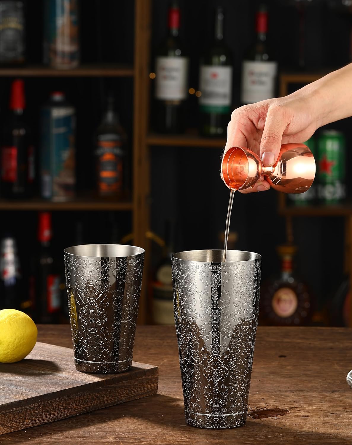 Stainless Steel Boston Shaker with Etched Pattern Weighted Shaking Tin Set (Spirit Gunmetal Black)