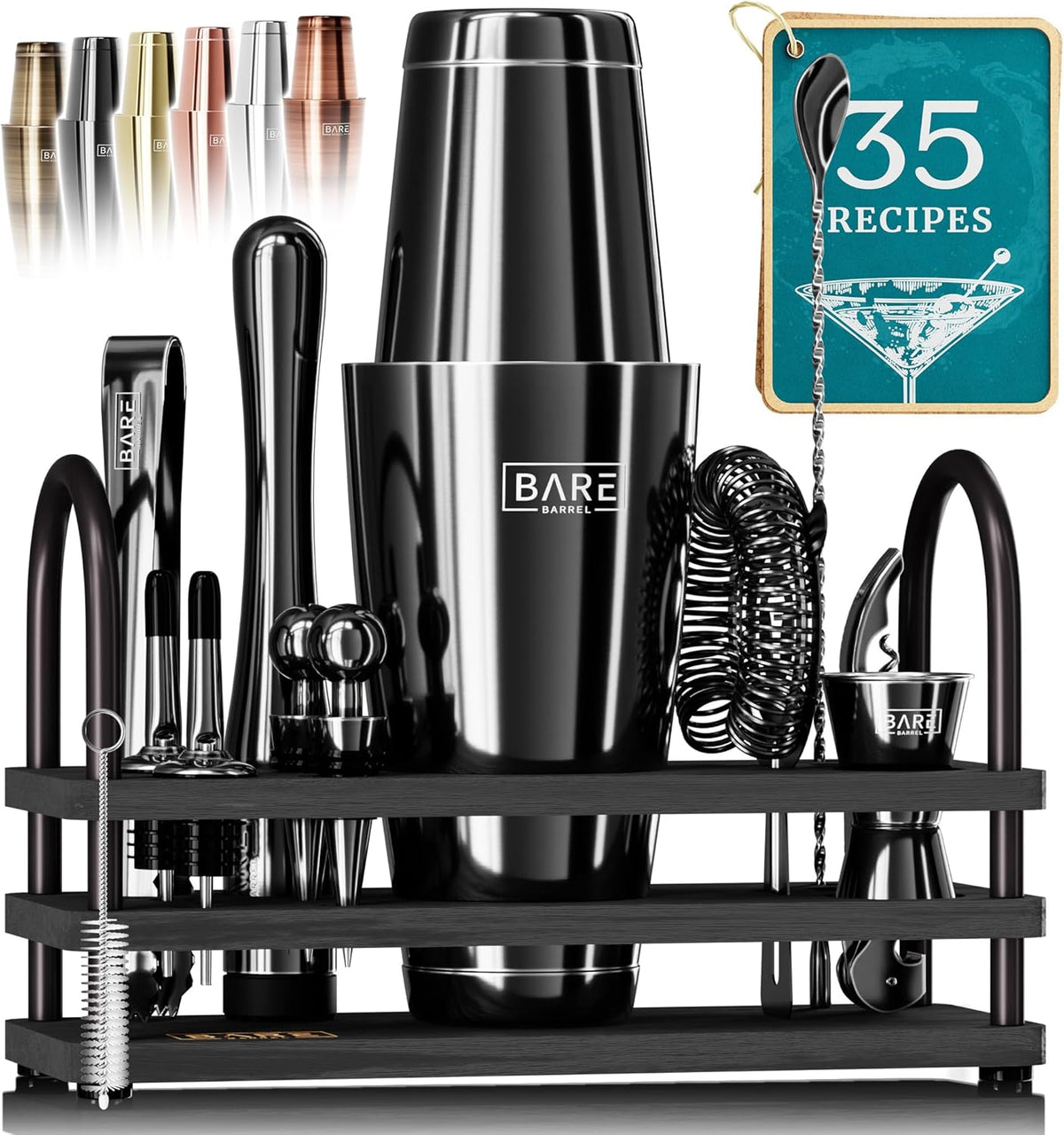 BARE BARREL® Mixology Bartender Kit Bar Set | 14-Piece Cocktail Shaker Set | Martini Barware Mixing Tools for Home Bartending | 35 Recipe Cards | Gift Set (28oz Boston Shaker, Jet Black/Black) - Jet Black/Black