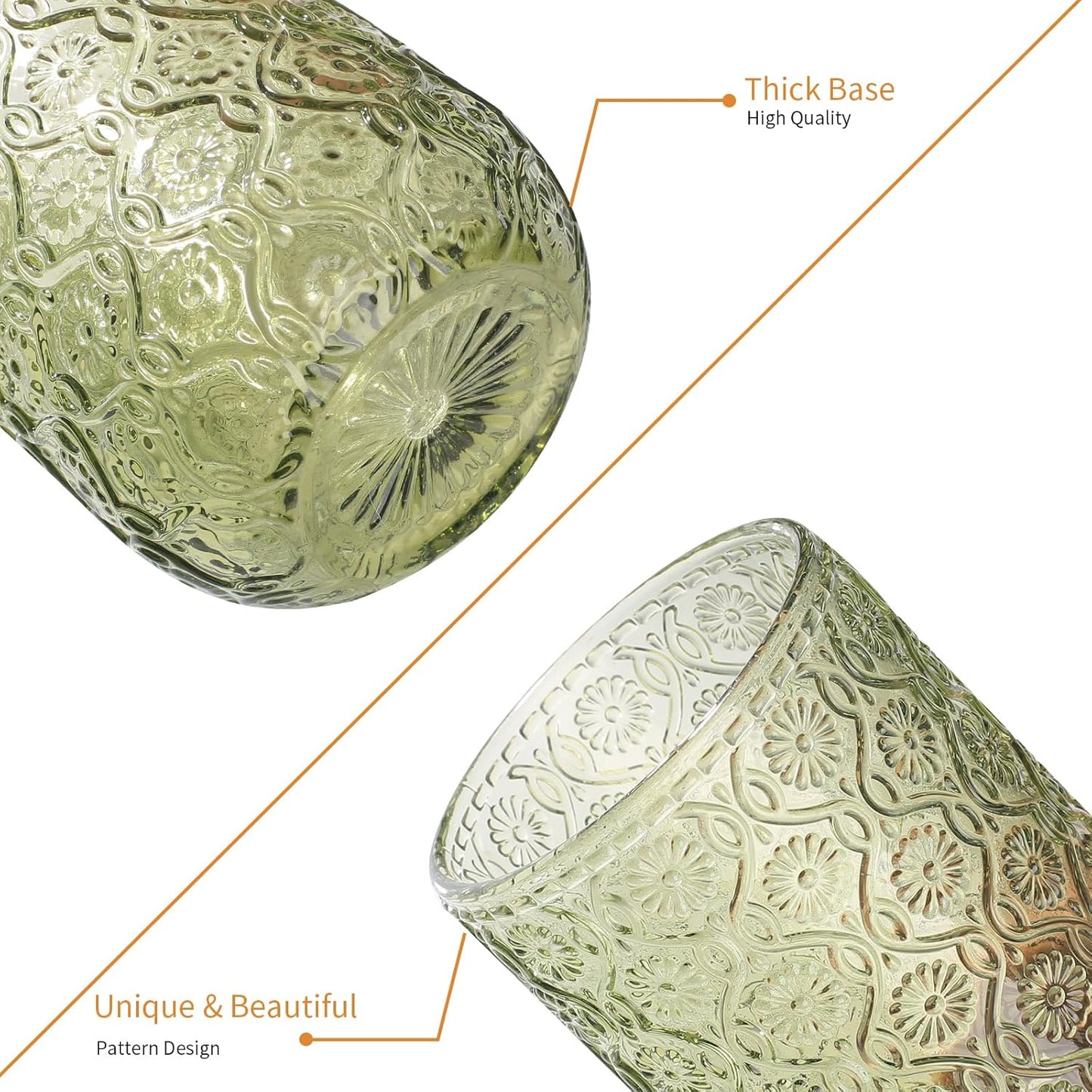 Set of 8 Vintage Embossed Glassware,4 Highball Glasses 14oz & 4 Rocks Drinking Glasses 9oz, Art Deco, for Wine, Water, Cocktail, Juice, Whiskey, Gift (Green)