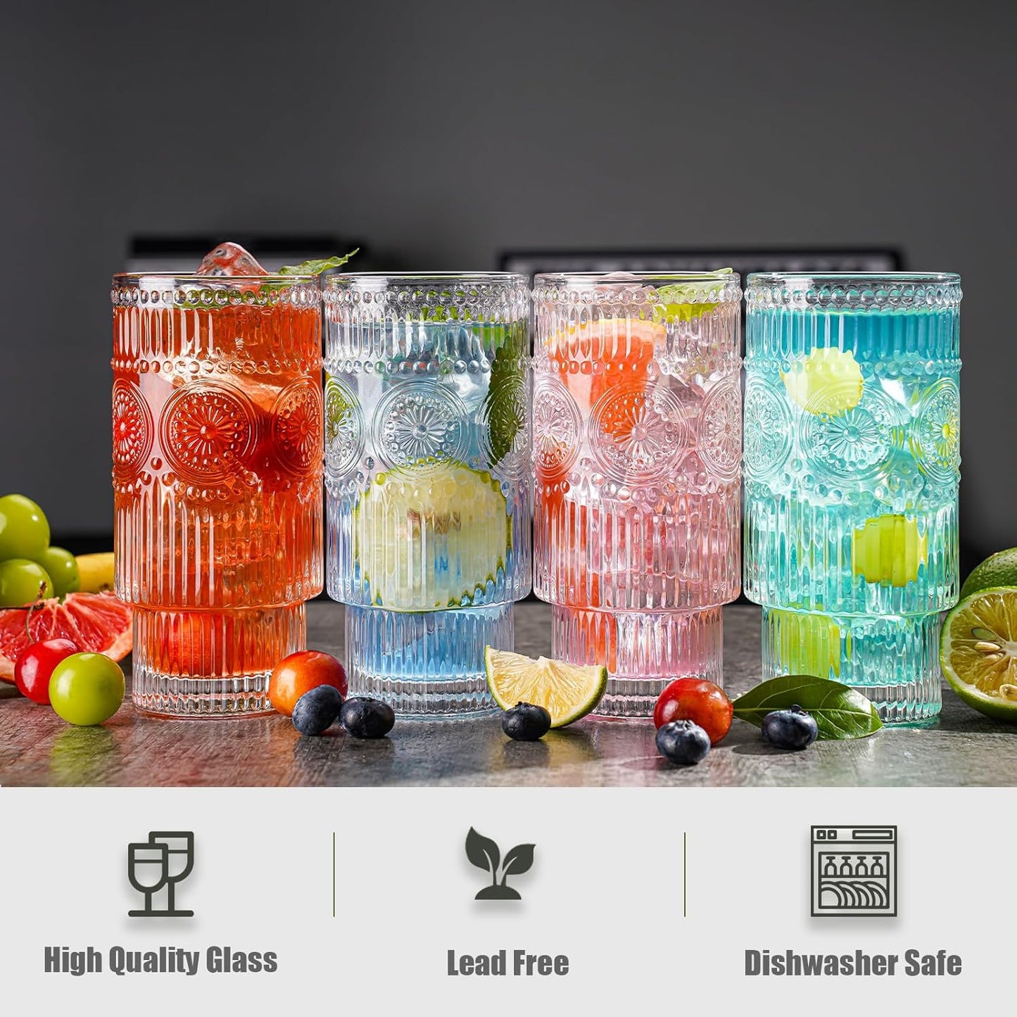 Embossed Designed Glasses, 8pcs Highball Glasses, 16oz Vintage Ribbed Striped Glassware for Cocktail, Whiskey, Juice