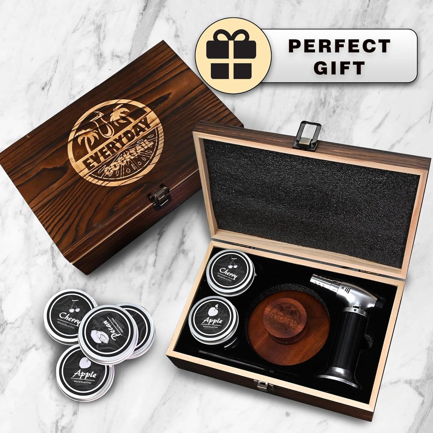 EVERYDAY COCKTAIL® | Whiskey Smoker Kit with Torch – Old Fashioned Smoker Kit with 4 Flavors Wood Chips – Deluxe Whisky Smoker Kit Gifts for Him Men Dad Gifts – Elegant Wooden Box Bourbon Smoker Kit