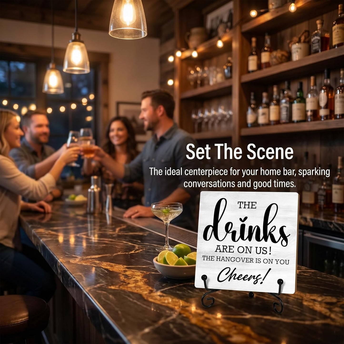 5“ Bar Decorations for Homer, The Drinks Are On Us! Cheers! Kitchen Desk Table Decoration, Home Bar Decor Accessories, Bar Signs for Home Bar Decor.